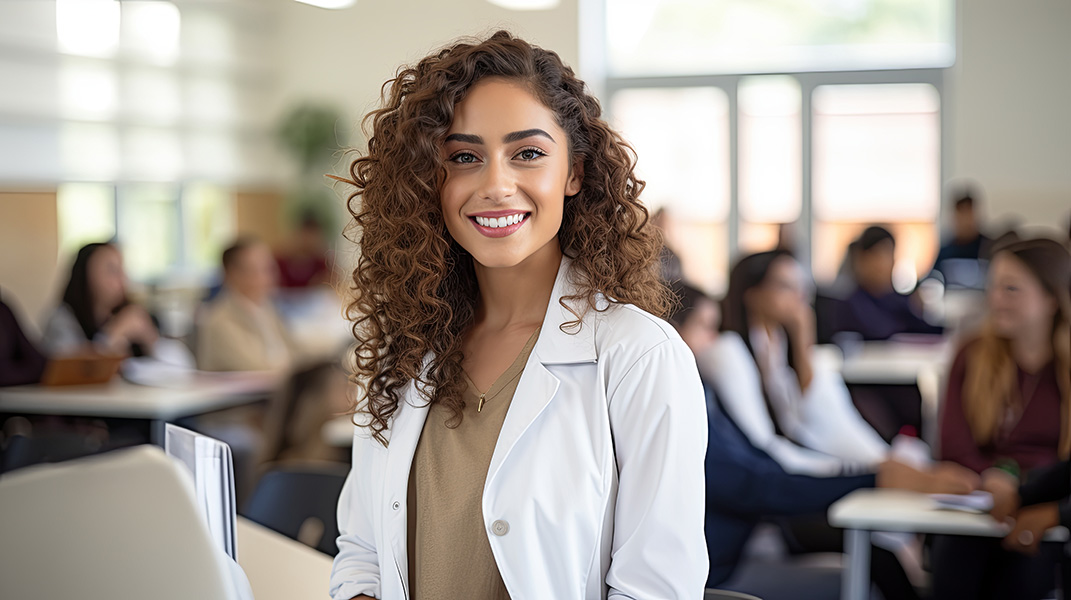 woman smiling in office planning for financing for medical practice